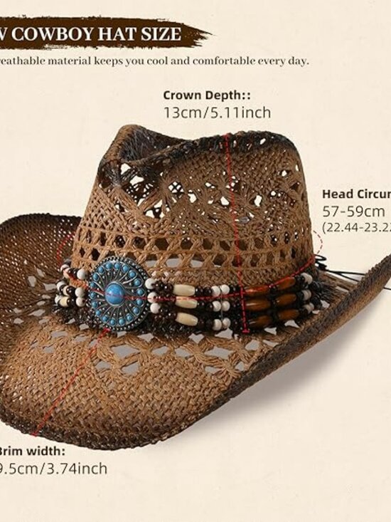 Straw Cowgirl Hat Summer Western Wide Brim Boho Western Style and Design NEW main image 5